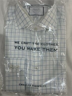 Charles Tyrwhitt Blue Windowpane Check Dress Shirt 15.5/34 Extra Slim Fit NWT